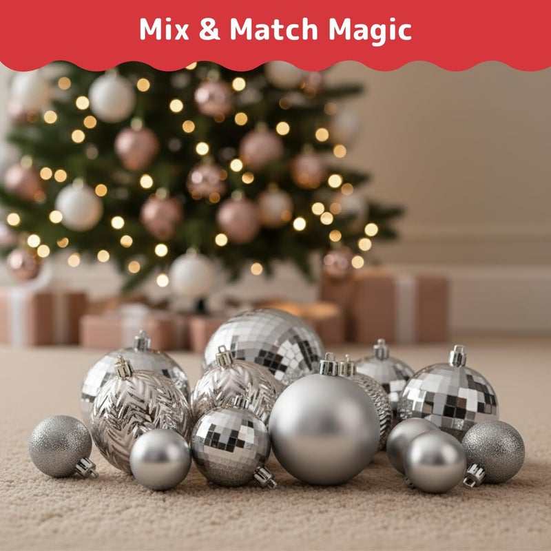 Prextex 36pc Silver Christmas Ornaments Set - Shatterproof Christmas Tree Ornaments in 3 Sizes and 6 Styles - Hanging Balls with Loops in Matte, Shiny, and Glitter Finishes for Indoor-Outdoor Display - Image 5